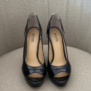 Gently used Michael Kors Glossy Black Peep Toe Heels - 6